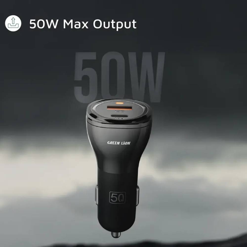 Green Lion Dual Port Car Charger 50W with USB C Lightning 2