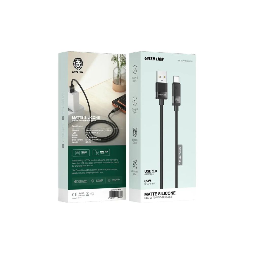 Green Lion Matte Silicone 1M Cable USB A to USB C 65W 2