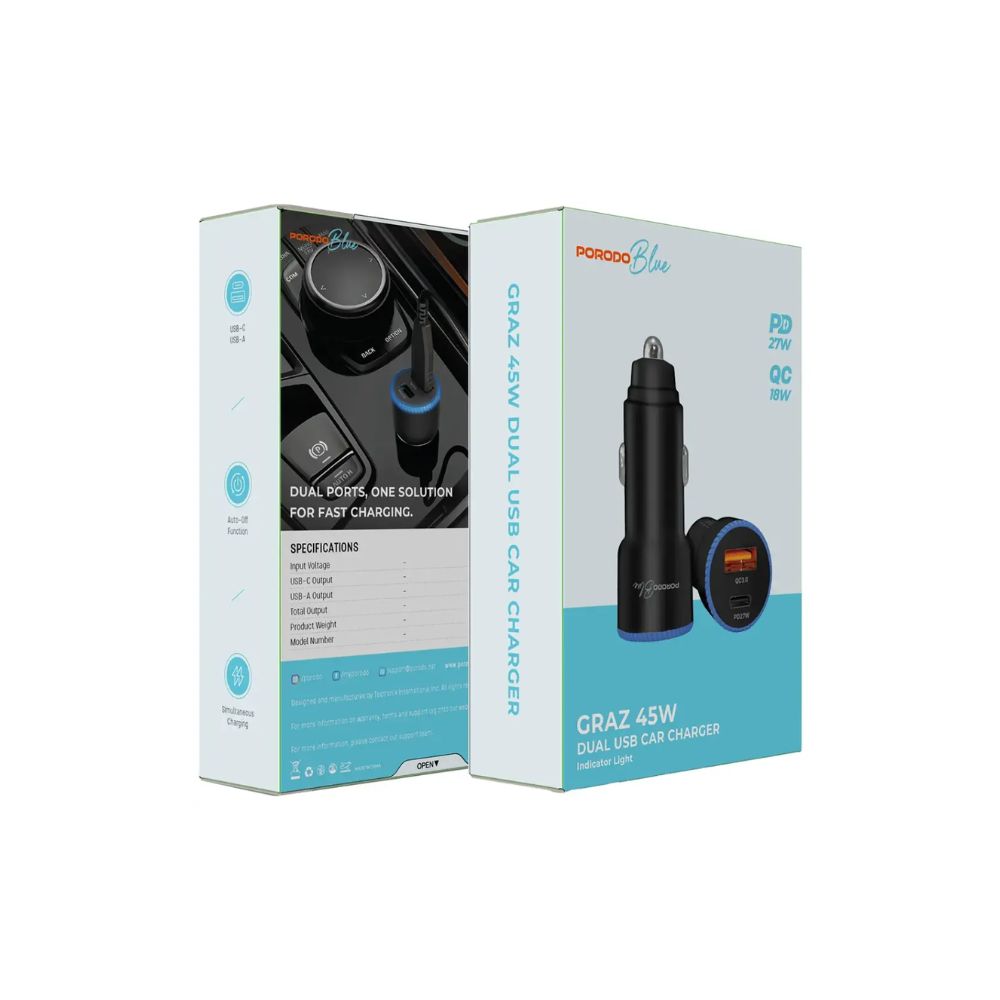 Porodo Blue Graz PD QC 45W USB Car Charger 2